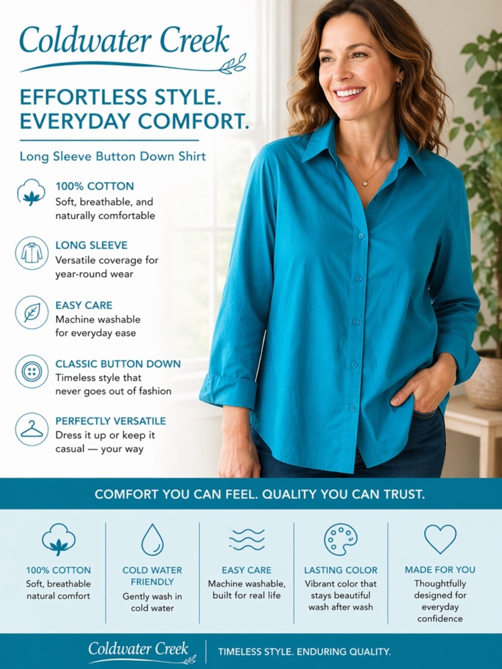 Coldwater Creek 100%‎ COTTON Teal Blouse med